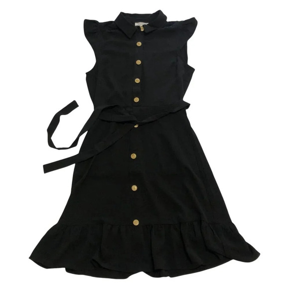 Monteau Ruffled Cap  Wing Sleeve Midi Dress Wood Buttons Tie Waist Black Medium - Picture 1 of 8